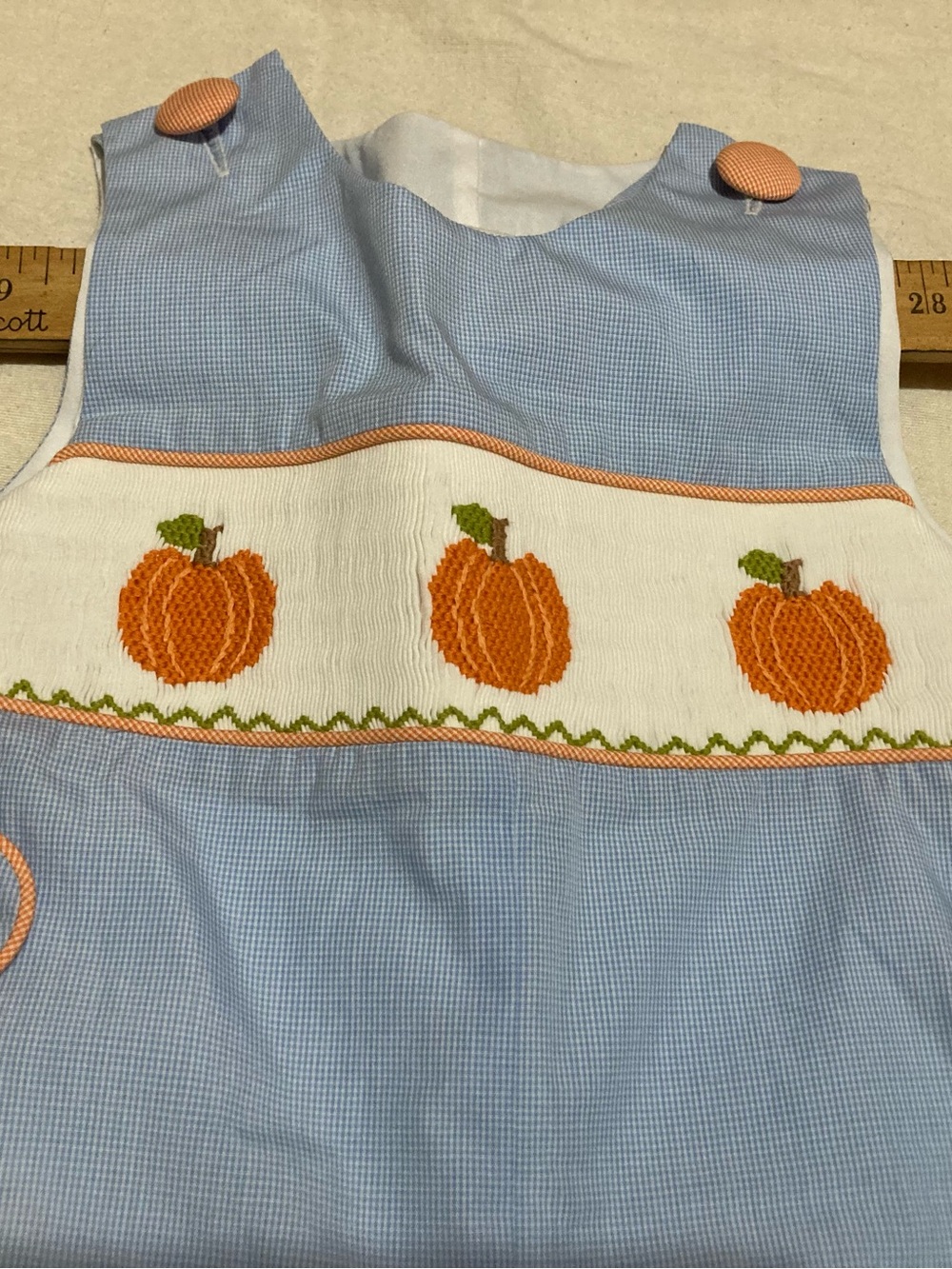 Kids Blue Smocked One-Piece with Orange Pumpkin Embroidery